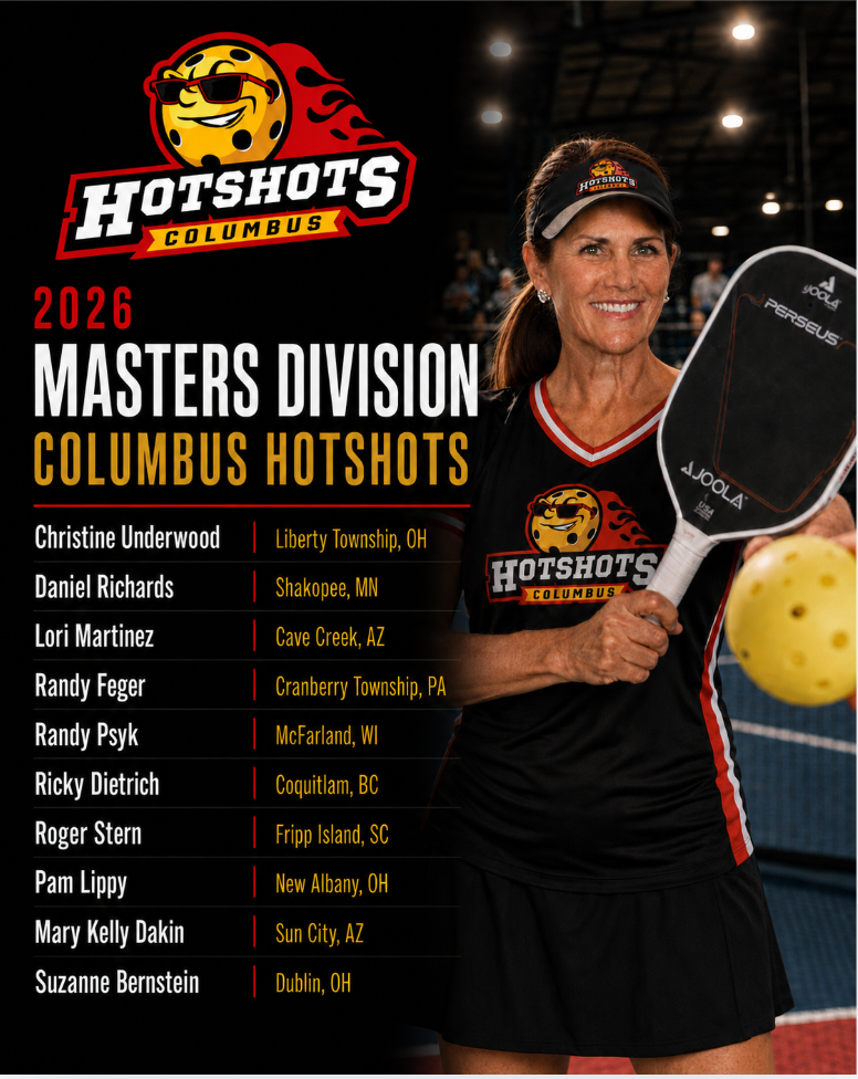 2026 Columbus Hotshots Masters division player roster with a player portrait